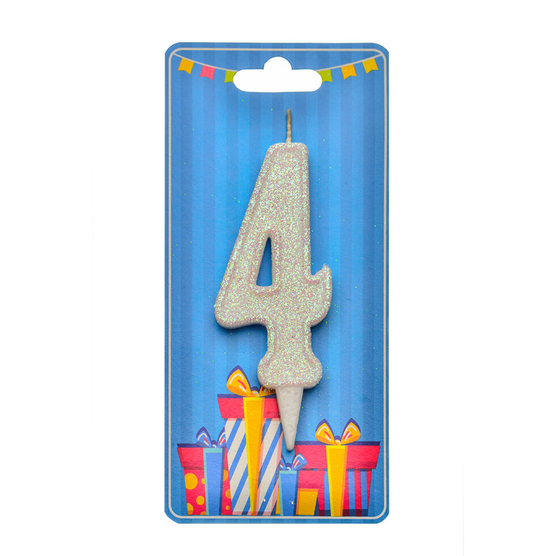 Cвічка цифра "4" біла глітер, 7 см
