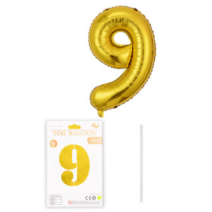 Повітряна куля "Цифра 9" фольгована, золото, 35 см, в індивідуальній упаковці
