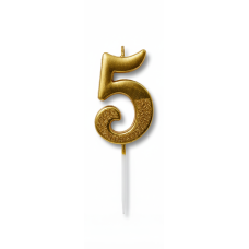 Cвічка цифра з присипкою лакована "5" золото, 5 см