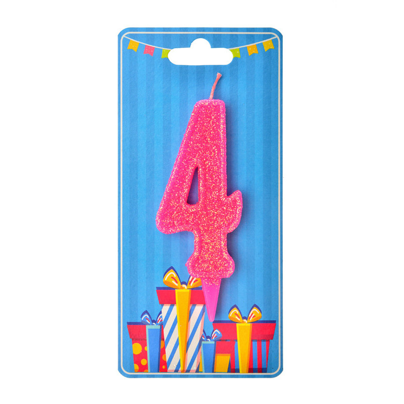 Цифровая свечка с розовым блеском "4"