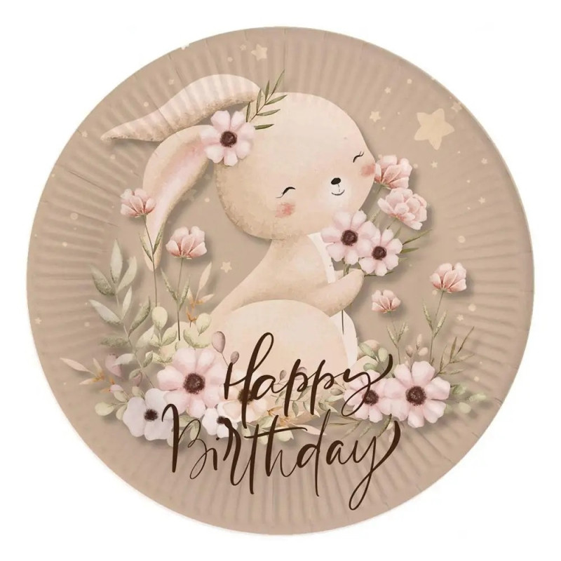Одноразовая детская тарелка "Happy Birthday" с зайчиком, 18 см, кремового цвета