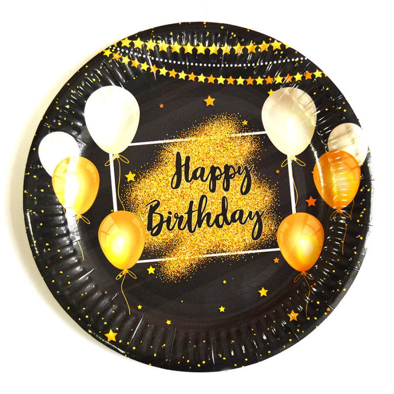 Одноразовая детская тарелка бумажная "Happy Birhday Black", 18 см