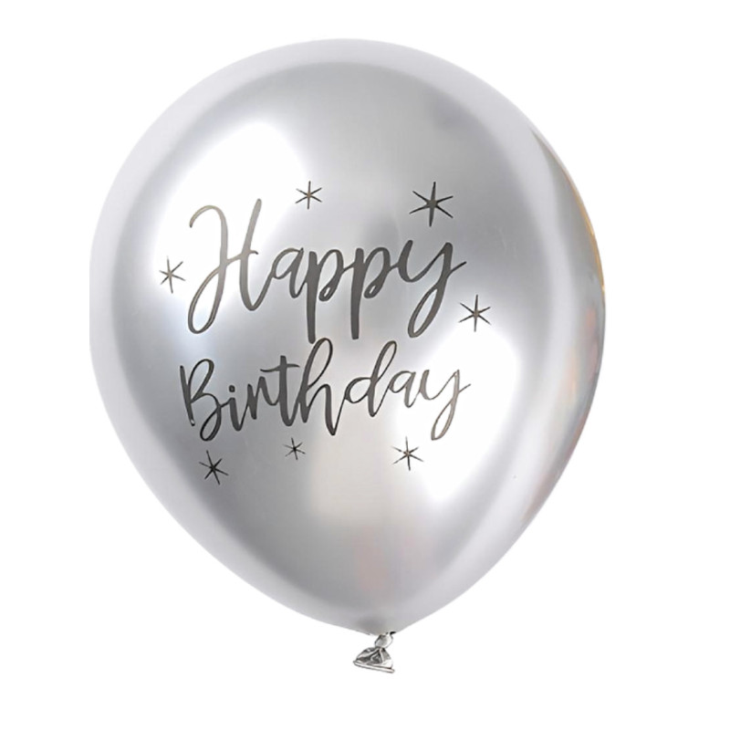 Повітряна куля латексна хромована, срібляста з написом "Happy Вirthday", 12" (30 см), Китай