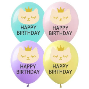 Латексный воздушный шарик 12" (30 см) с рисунком " Happy Birhday котик ", Art Show (Украина)