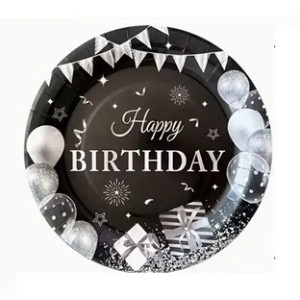 Тарілка паперова дитяча одноразова "Happy birthday срібні прапорці на чорному", 23 см