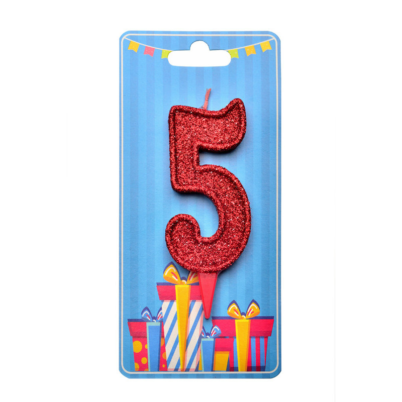 Cвічка цифра "5" червона глітер, 7 см